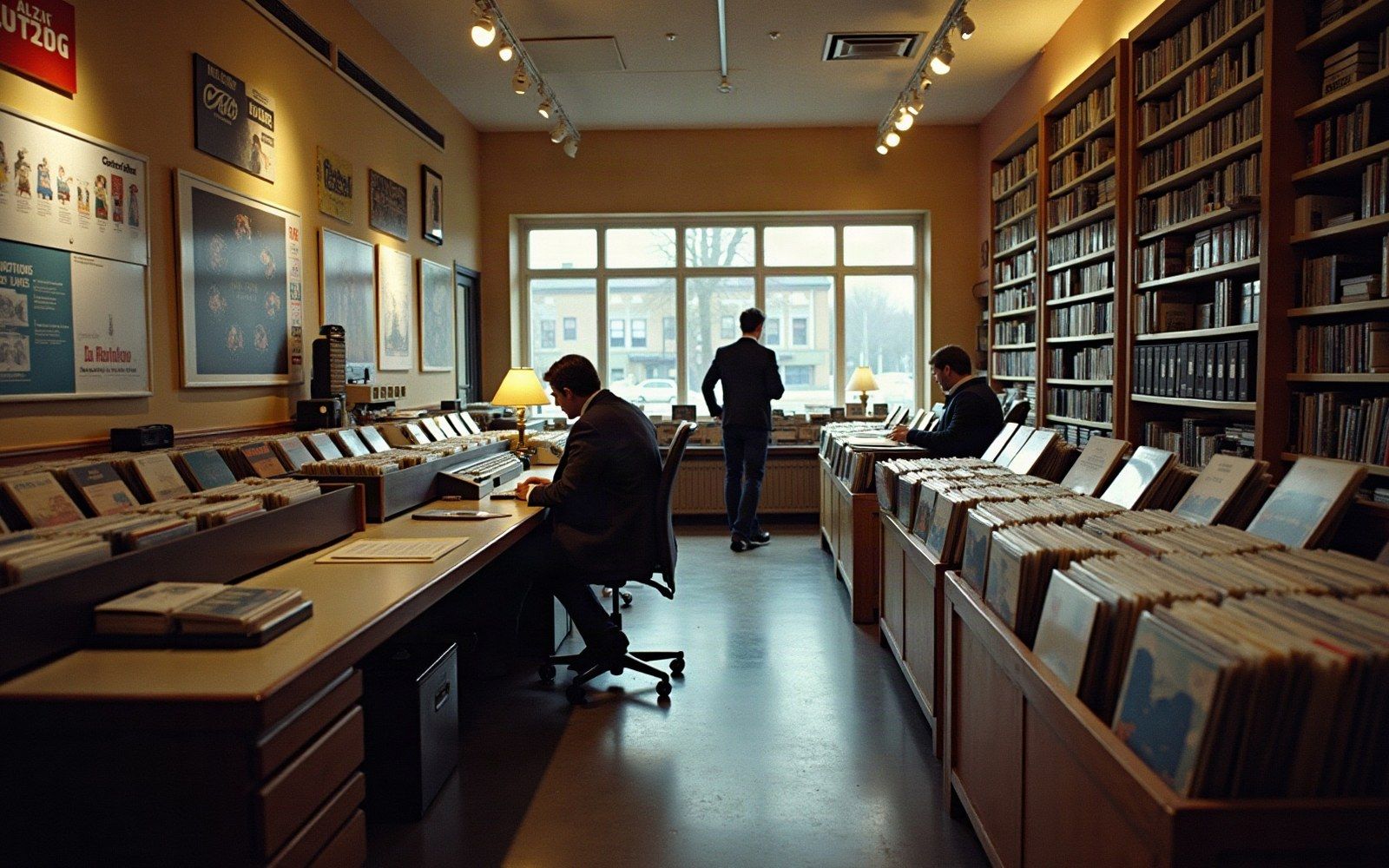 Customers browse vinyl record bins lining both walls of a narrow record store