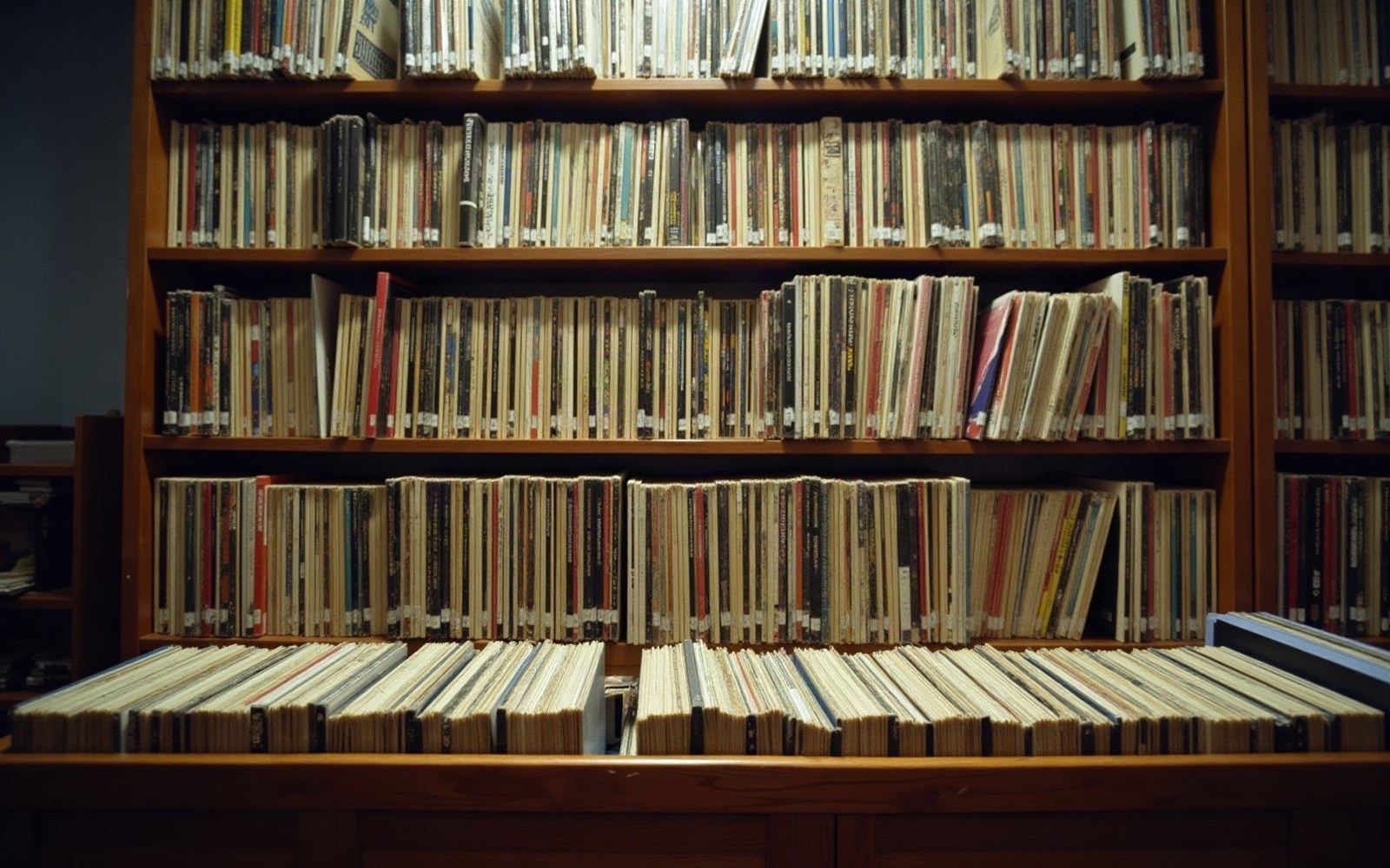 Rows of vinyl records with pale uniform spines packed tightly on wooden shelves