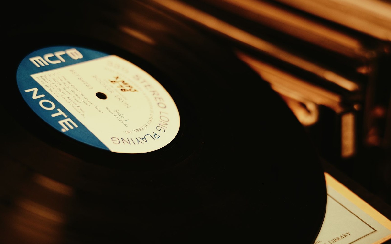 Close-up of a Blue Note vinyl record label spinning on a turntable