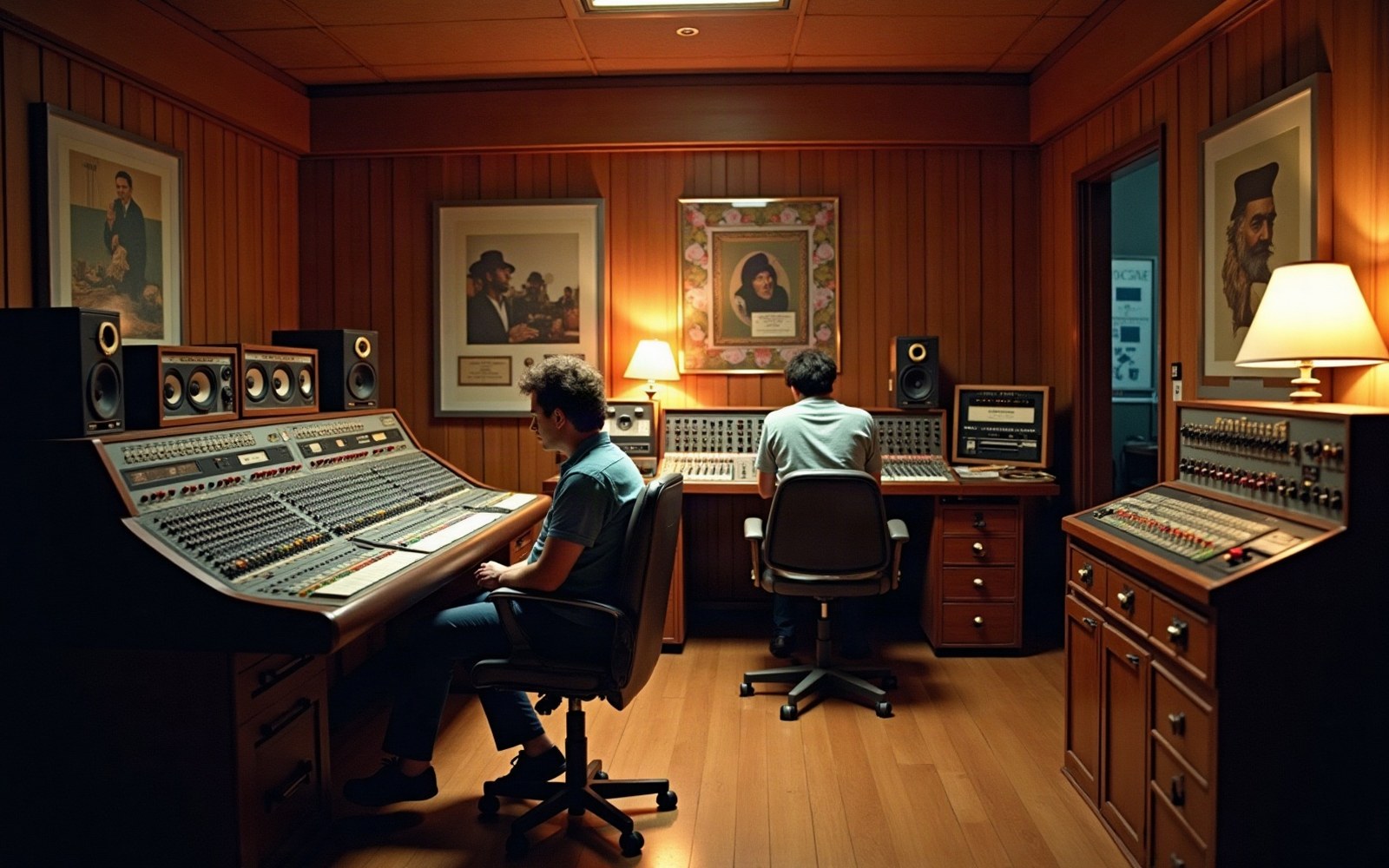Two men seated at mixing consoles in a wood-paneled recording studio